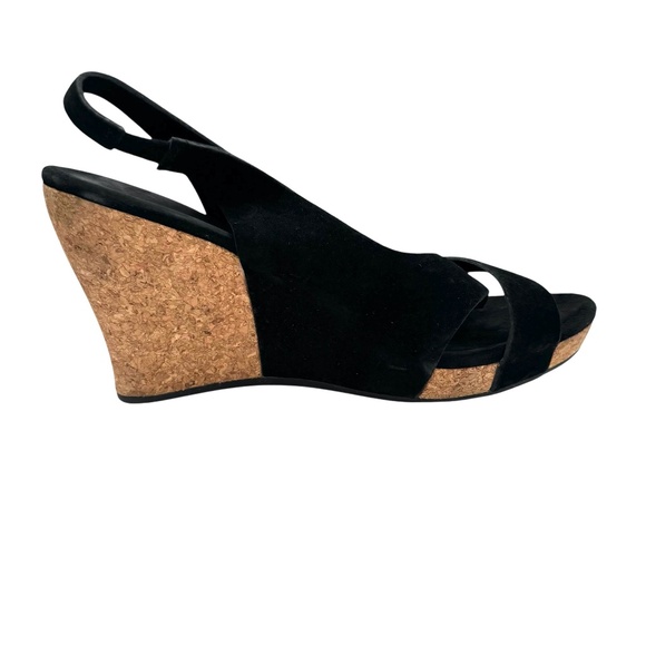 UGG HAZEL BLACK SUEDE & CORK WEDGE HEEL PLATFORM SANDALS - Picture 2 of 16